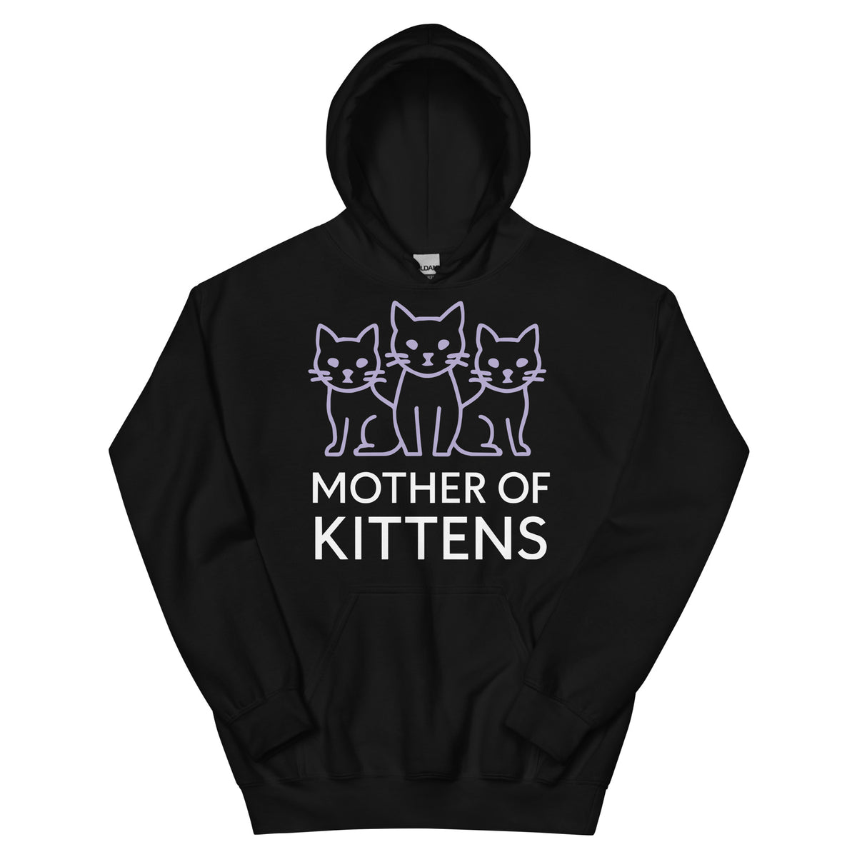 Black pullover hoodie, front view, featuring three lavender line-art cats above white Mother of Kittens lettering