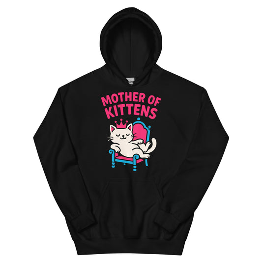 Black pullover hoodie, front view, featuring a crowned white cat lounging on a pink and blue throne under pink Mother of Kittens lettering