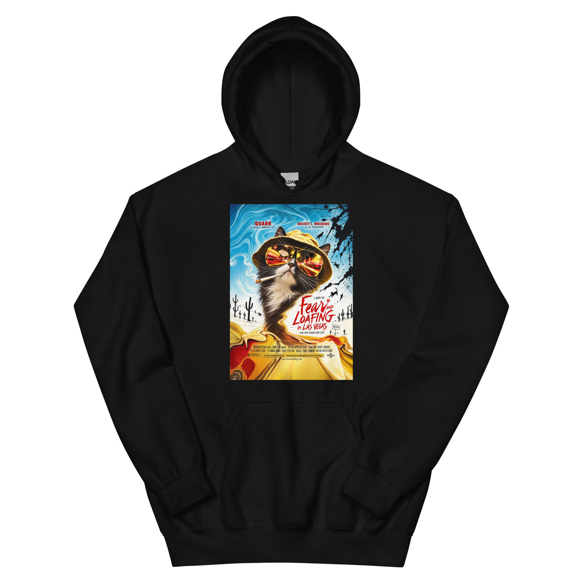Black pullover hoodie, front view, featuring Fear and Loafing in Las Vegas, a movie poster parody starring a black and white cat in a bucket hat and mirrored aviators reflecting the Las Vegas Strip