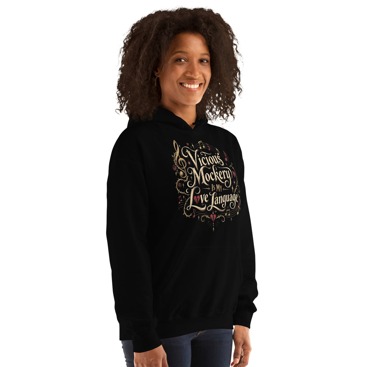 Black pullover hoodie, right-front angled view, featuring Vicious Mockery Is My Love Language bard art with gold lettering, roses and hearts.