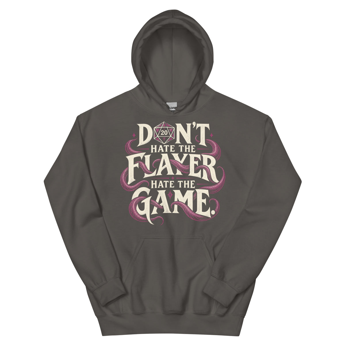 Charcoal pullover hoodie, front view, featuring Don't Hate the Flayer, Hate the Game artwork with magenta tentacles and a D20.