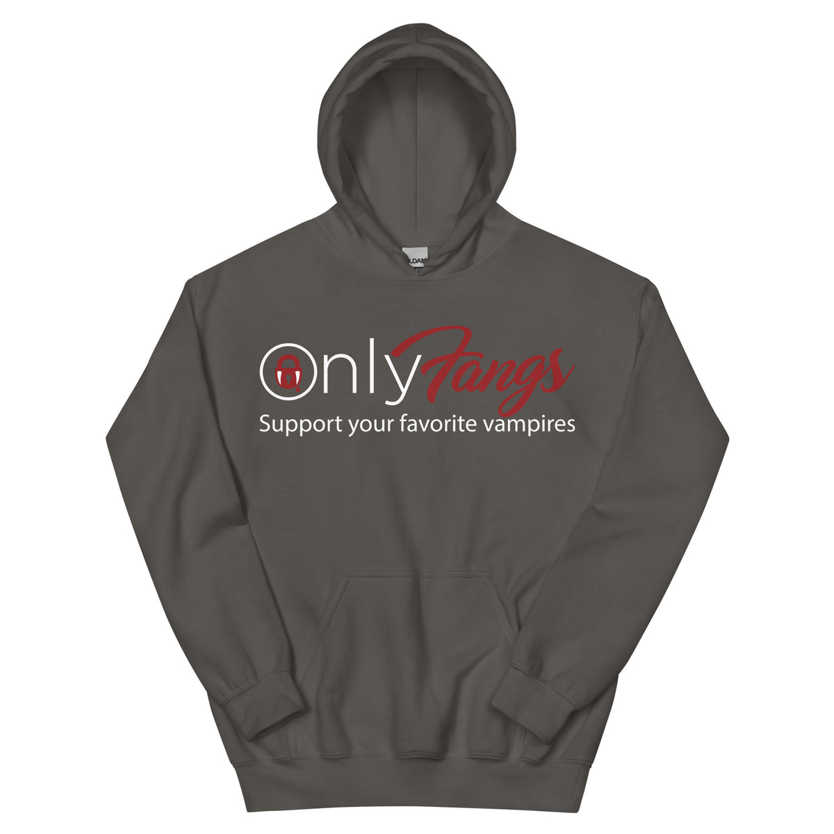 Charcoal pullover hoodie, front view, featuring the OnlyFangs vampire design