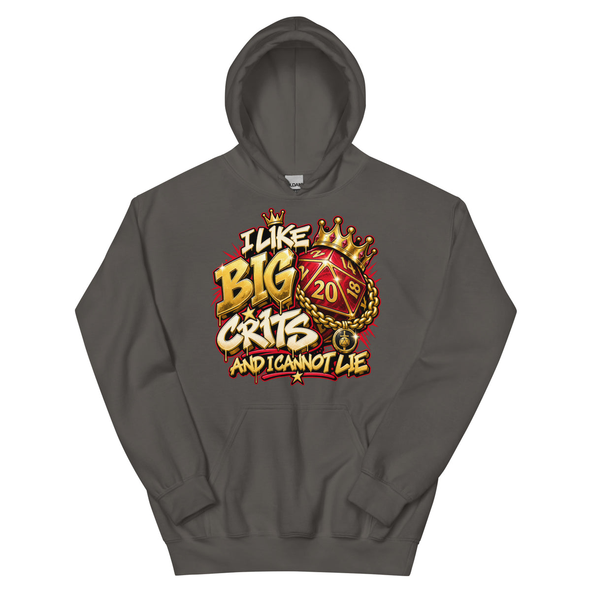 Charcoal pullover hoodie, front view, featuring the I Like Big Crits and I Cannot Lie crowned d20 design