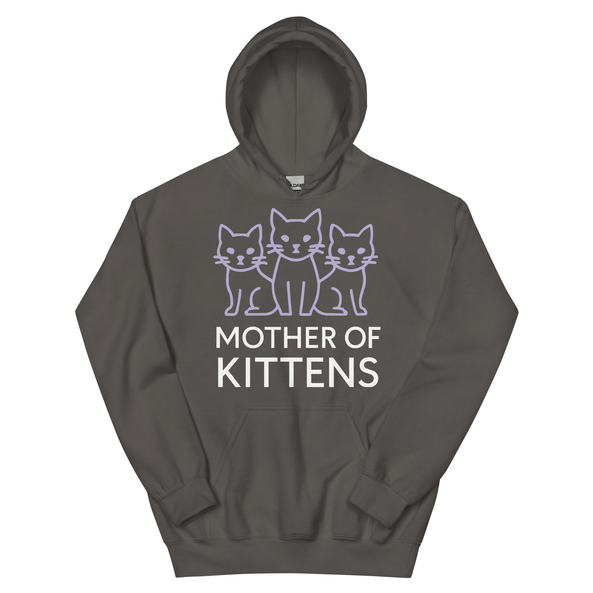 Charcoal pullover hoodie, front view, featuring the Mother of Kittens Three Cats design