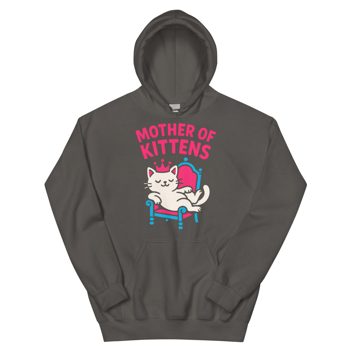 Charcoal pullover hoodie, front view, featuring the Mother of Kittens Queen Cat design