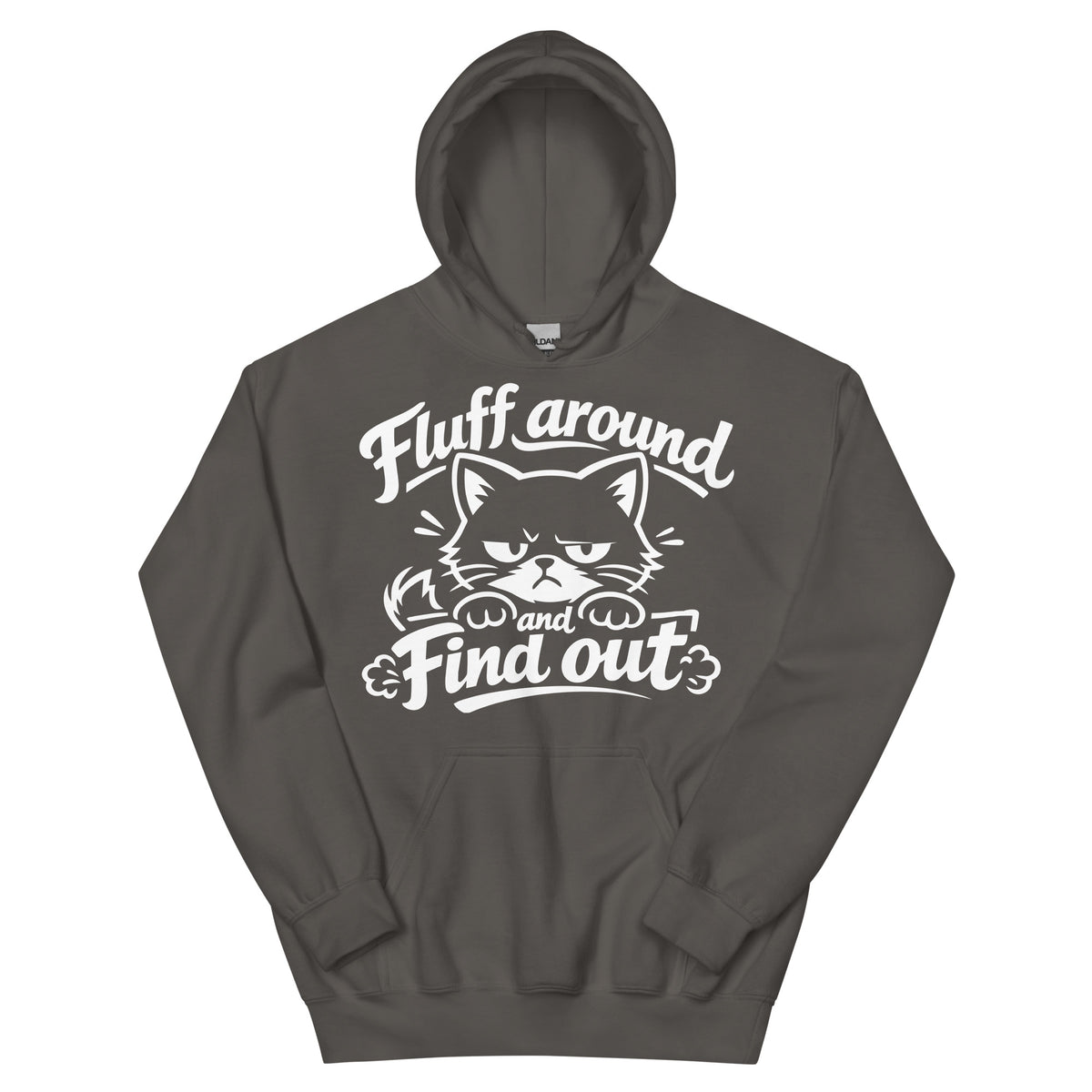 Charcoal pullover hoodie, front view, featuring the Fluff Around and Find Out grumpy cat design