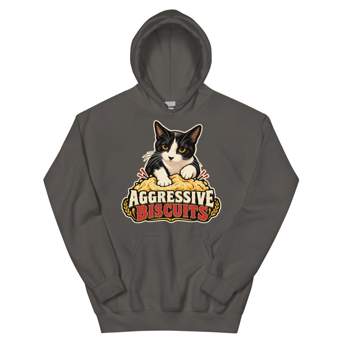 Charcoal pullover hoodie, front view, featuring the Aggressive Biscuits kneading tuxedo cat design