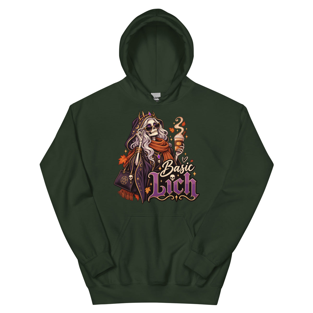 Forest Green pullover hoodie, front view, featuring the Basic Lich pumpkin spice skeleton design