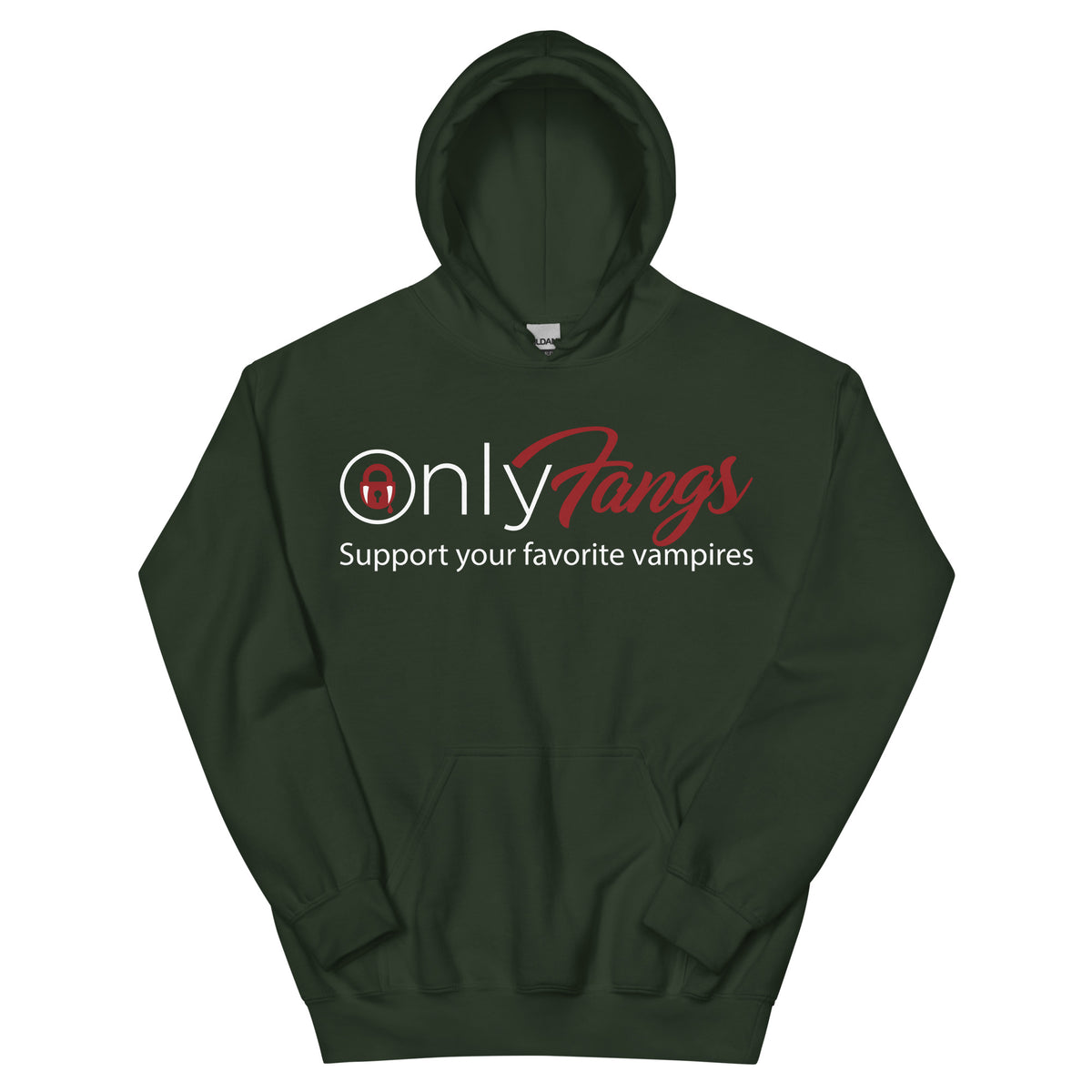 Forest Green pullover hoodie, front view, featuring the OnlyFangs vampire design