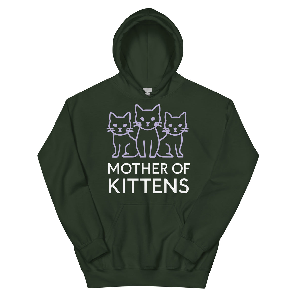 Forest Green pullover hoodie, front view, featuring the Mother of Kittens Three Cats design