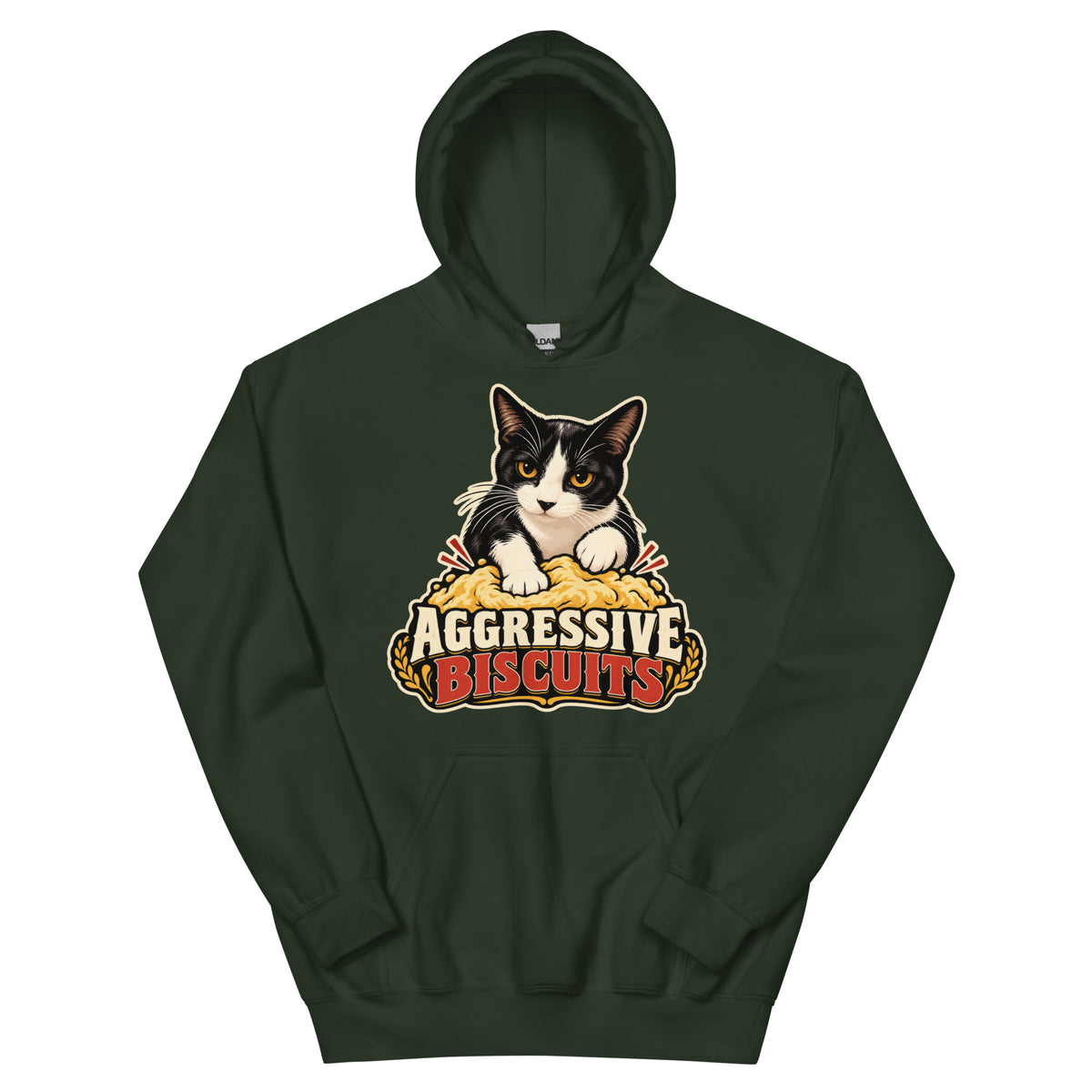 Forest Green pullover hoodie, front view, featuring the Aggressive Biscuits kneading tuxedo cat design