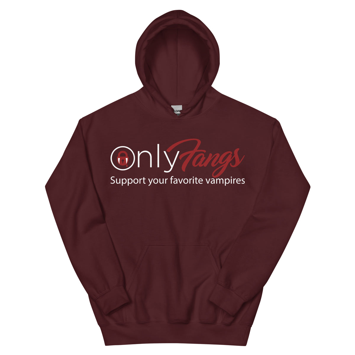Maroon pullover hoodie, front view, featuring the OnlyFangs vampire design