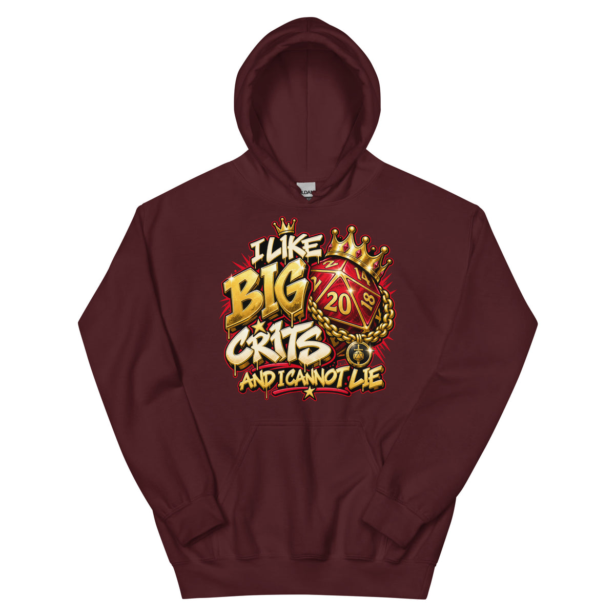 Maroon pullover hoodie, front view, featuring the I Like Big Crits and I Cannot Lie crowned d20 design