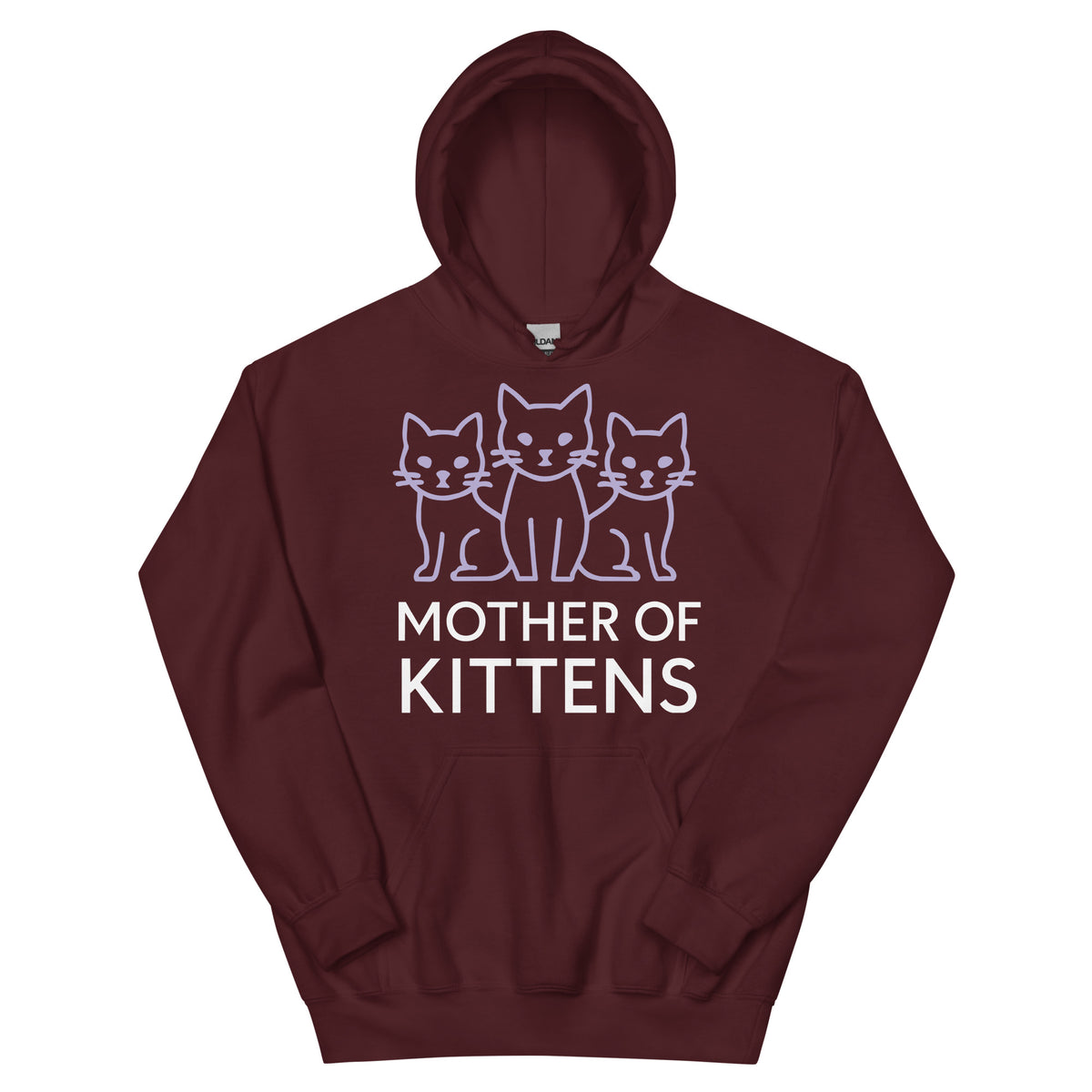 Maroon pullover hoodie, front view, featuring the Mother of Kittens Three Cats design
