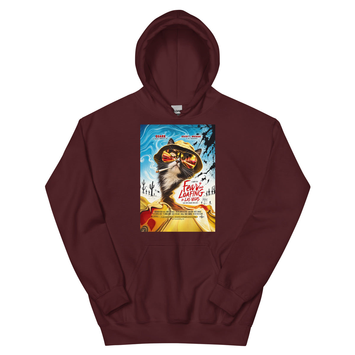 Maroon pullover hoodie, front view, featuring the Fear and Loafing in Las Vegas Quark cat poster design