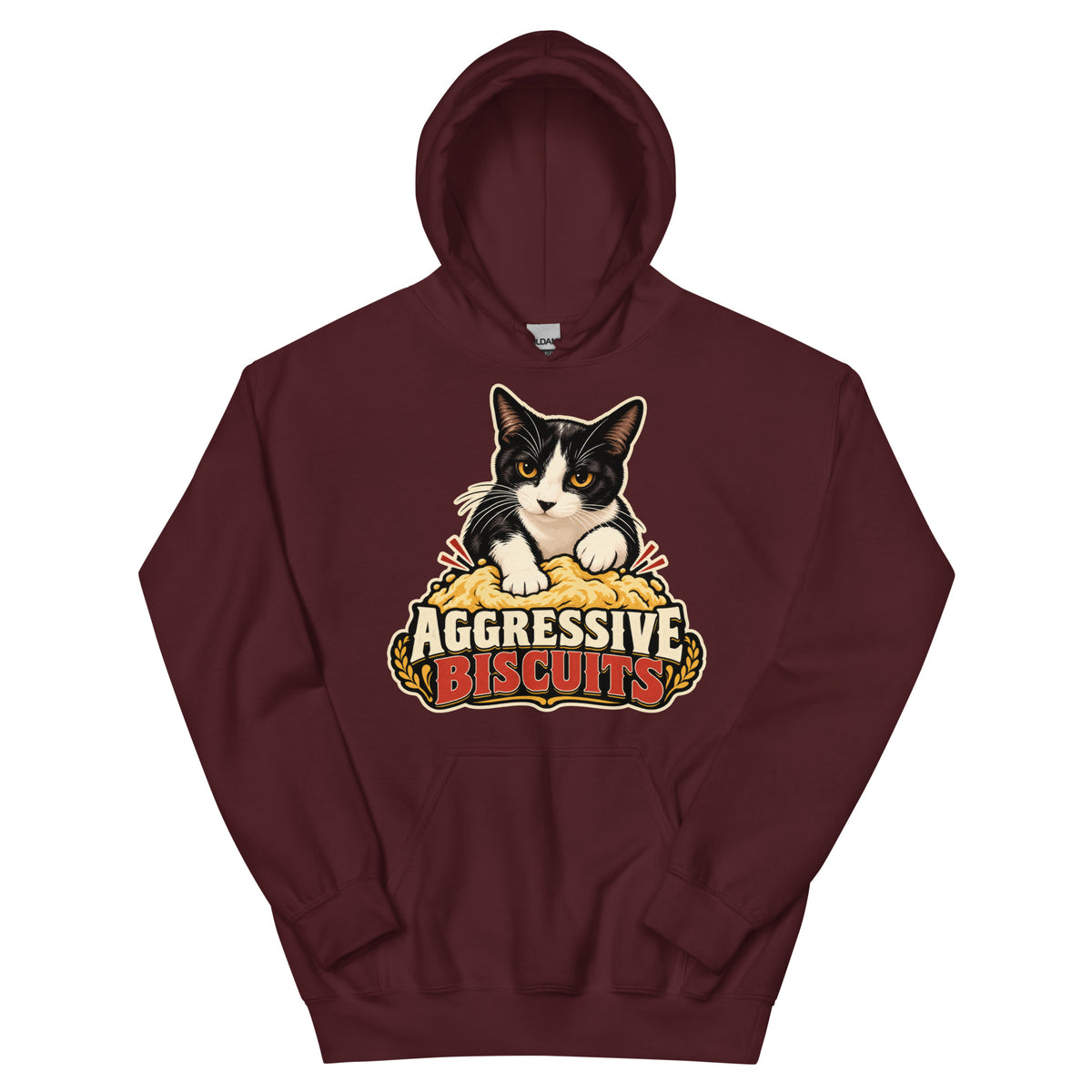 Maroon pullover hoodie, front view, featuring the Aggressive Biscuits kneading tuxedo cat design