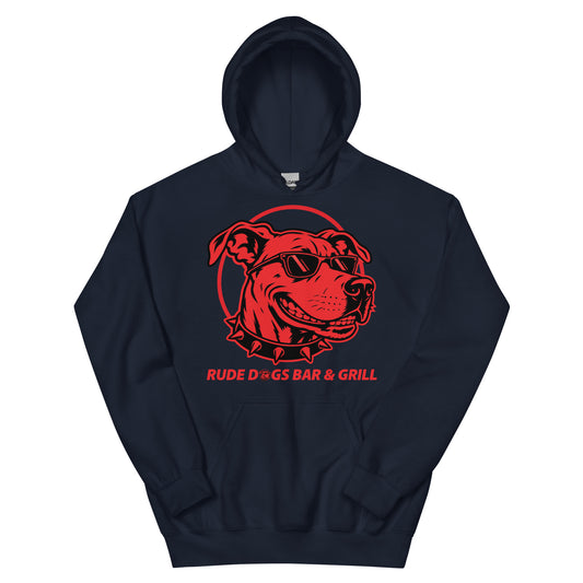 Rude Dog 2026 Pullover Hoodie in navy, front view, with red dog graphic and Rude Dogs Bar & Grill lettering