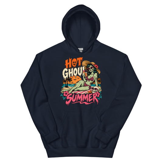 Navy pullover hoodie, front view, featuring the Hot Ghoul Summer zombie pin-up design