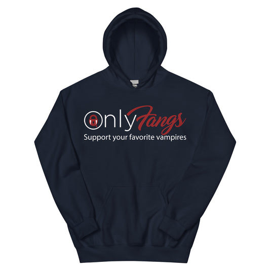 Navy pullover hoodie, front view, featuring the OnlyFangs vampire design