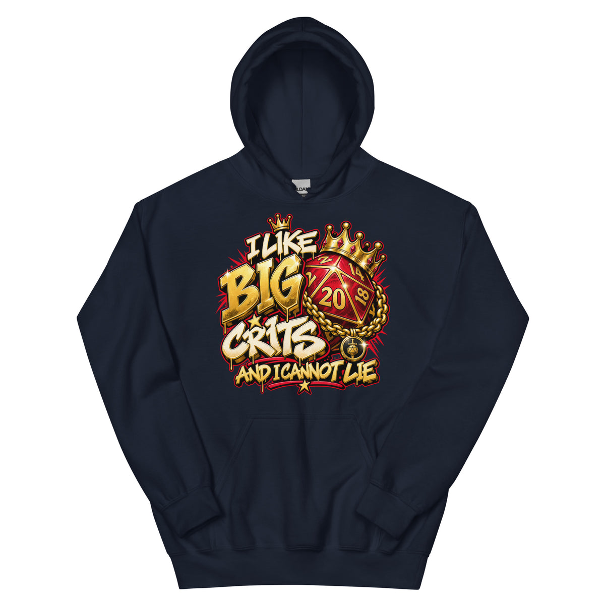 Navy pullover hoodie, front view, featuring the I Like Big Crits and I Cannot Lie crowned d20 design