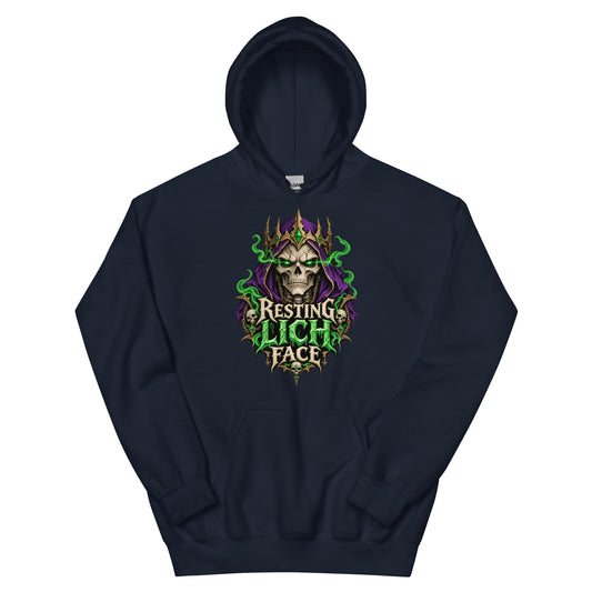 Navy pullover hoodie, front view, featuring the Resting Lich Face crowned skull lich design