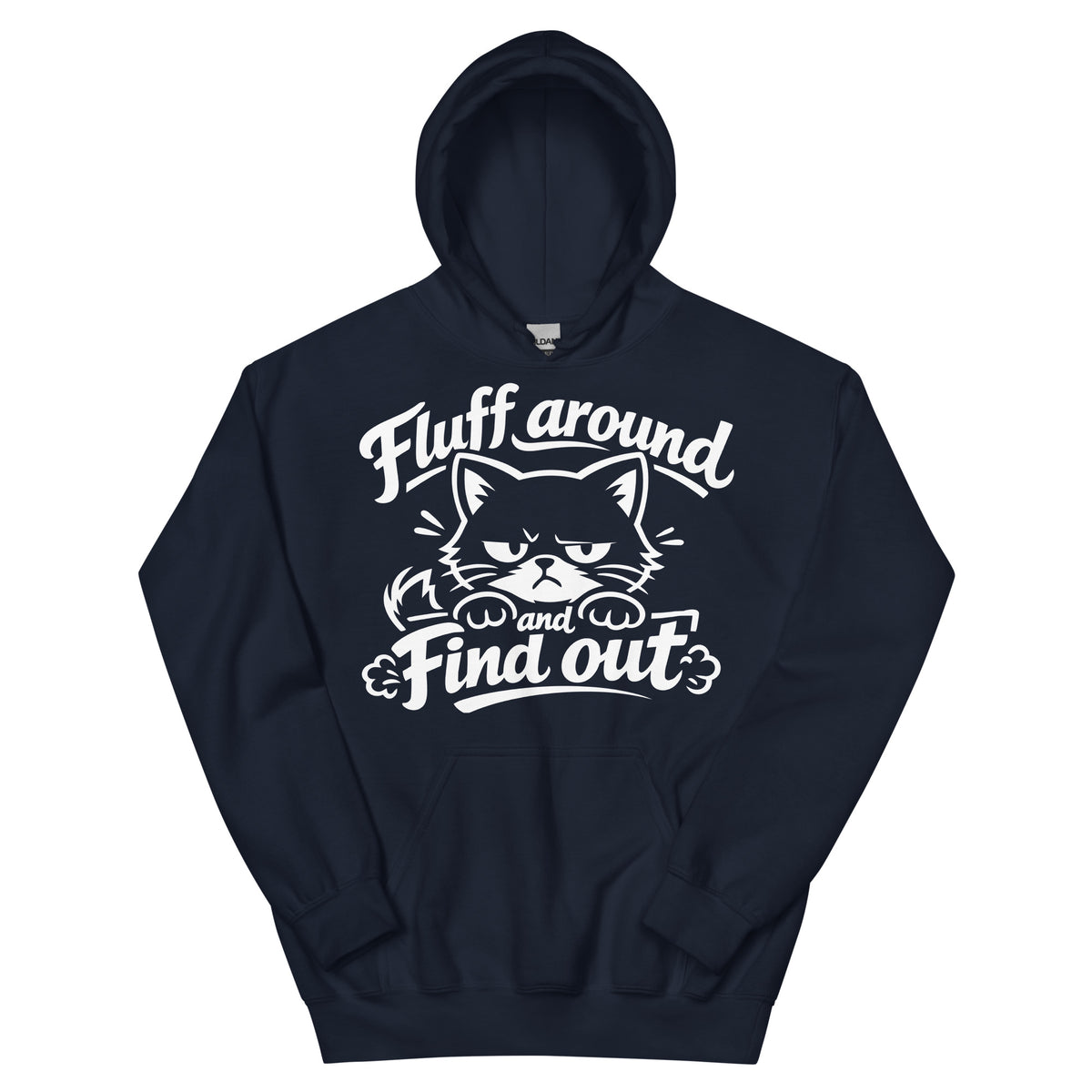 Navy pullover hoodie, front view, featuring the Fluff Around and Find Out grumpy cat design