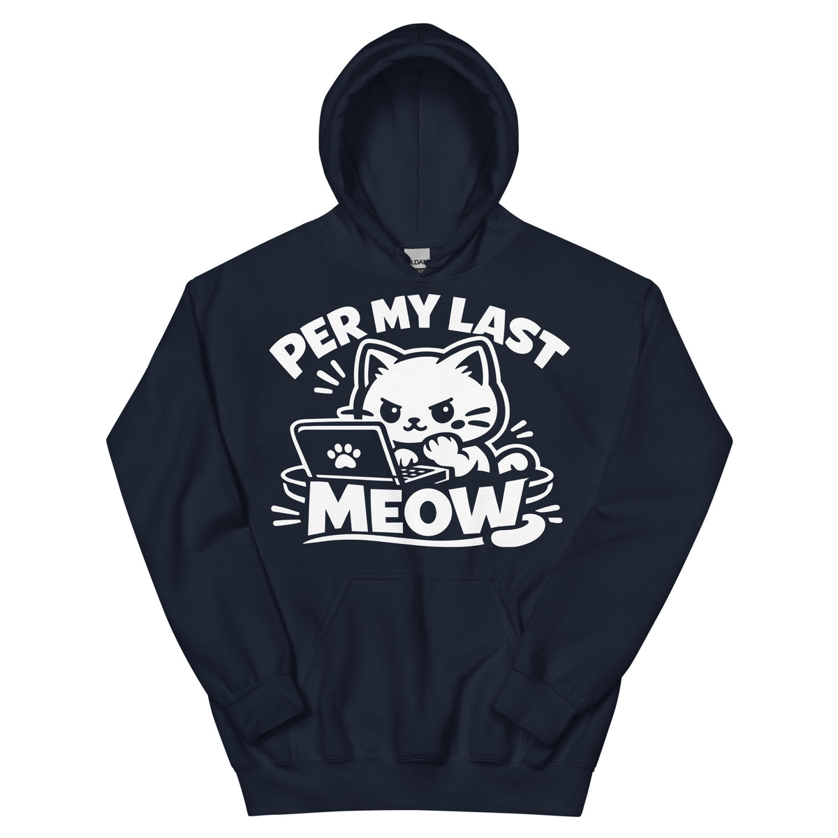 Navy pullover hoodie, front view, featuring the Per My Last Meow cat design