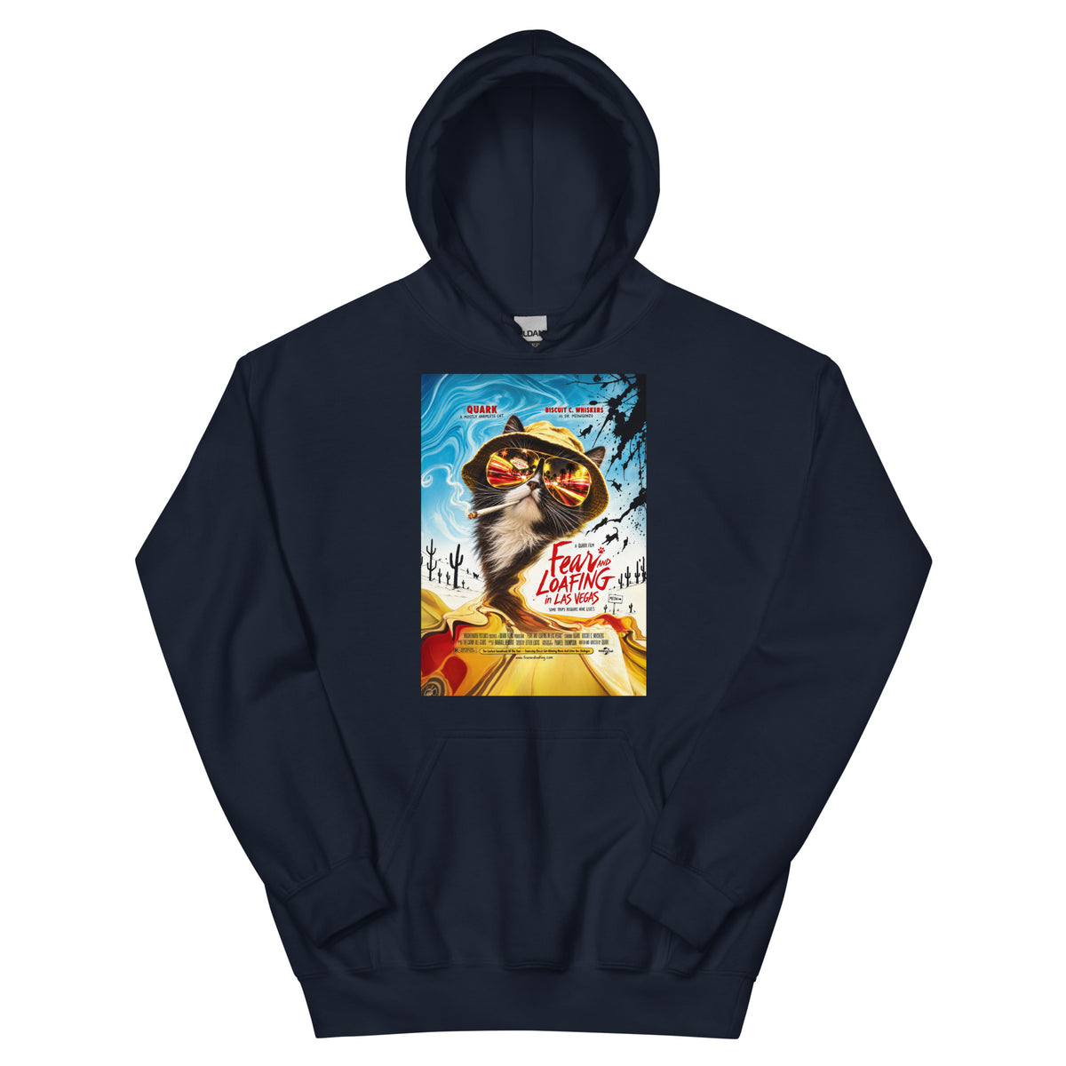 Navy pullover hoodie, front view, featuring the Fear and Loafing in Las Vegas Quark cat poster design