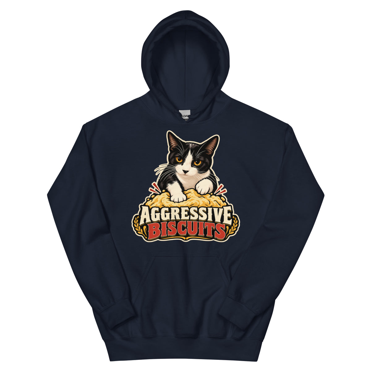 Navy pullover hoodie, front view, featuring the Aggressive Biscuits kneading tuxedo cat design