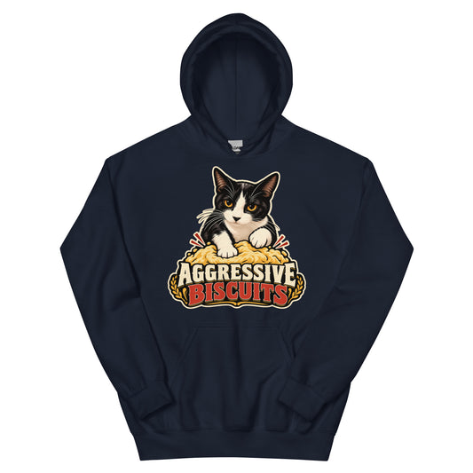 Navy pullover hoodie, front view, featuring the Aggressive Biscuits kneading tuxedo cat design