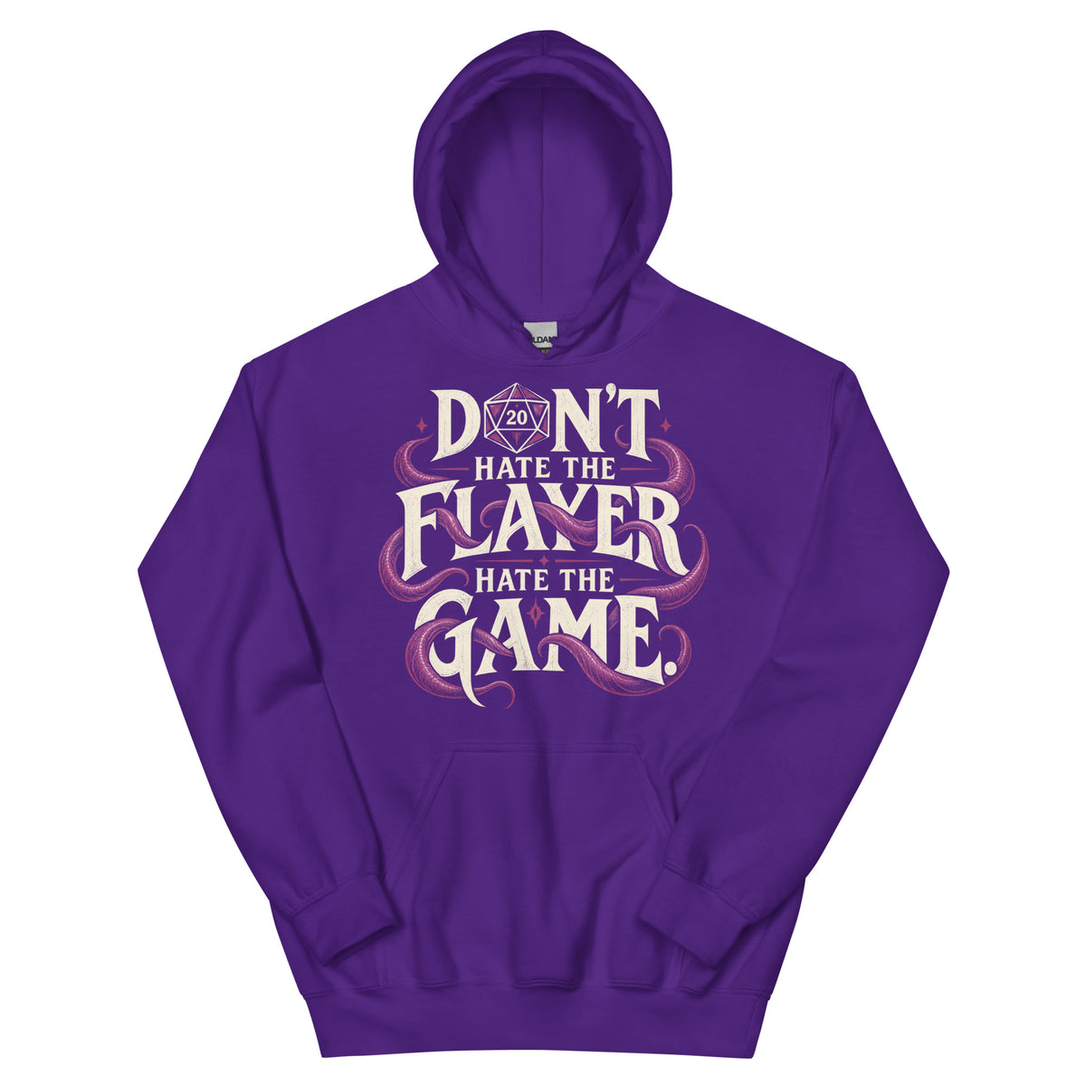 Purple pullover hoodie, front view, featuring Don't Hate the Flayer, Hate the Game artwork with magenta tentacles and a D20.