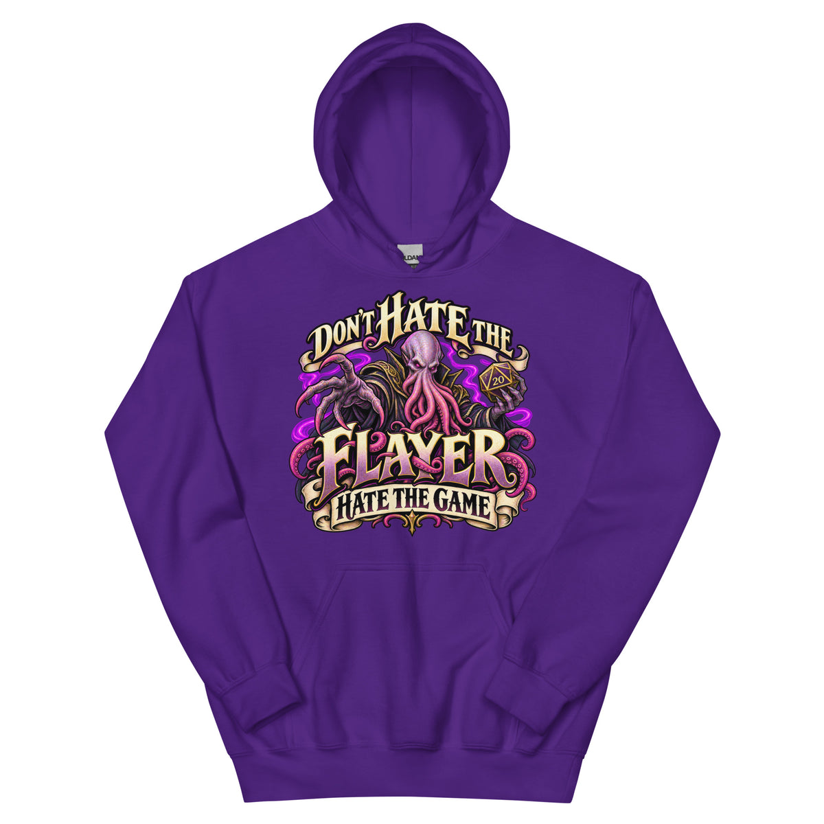 Purple pullover hoodie, front view, featuring the illustrated Don't Hate the Flayer, Hate the Game tentacled overlord and d20 design.