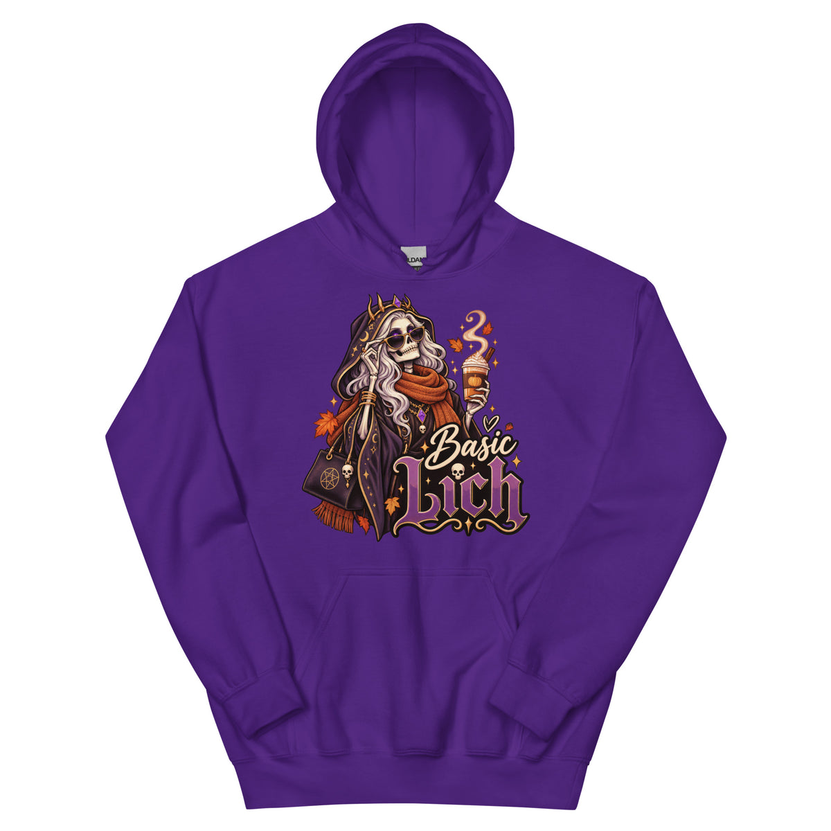 Purple pullover hoodie, front view, featuring the Basic Lich pumpkin spice skeleton design