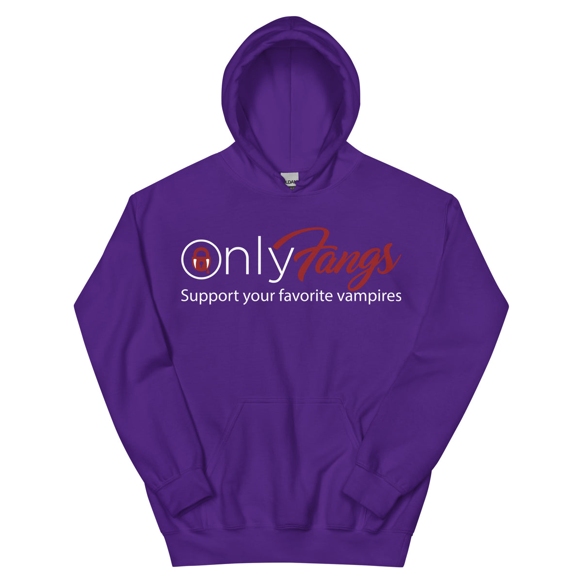 Purple pullover hoodie, front view, featuring the OnlyFangs vampire design