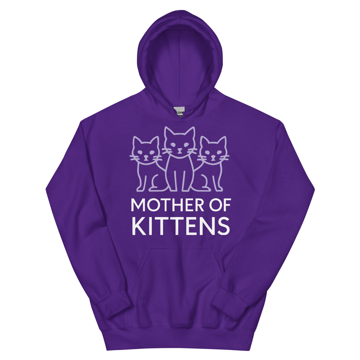 Purple pullover hoodie, front view, featuring the Mother of Kittens Three Cats design