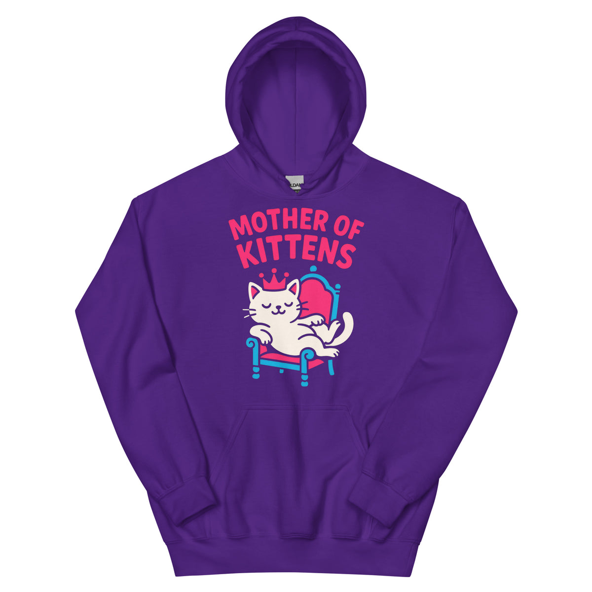 Purple pullover hoodie, front view, featuring the Mother of Kittens Queen Cat design