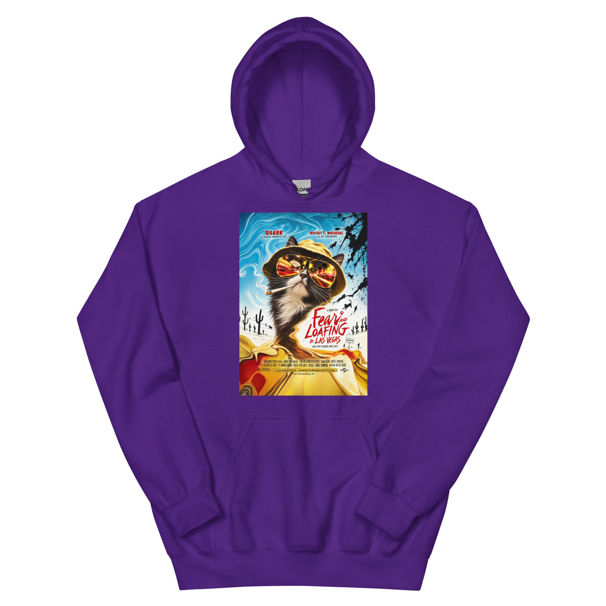 Purple pullover hoodie, front view, featuring the Fear and Loafing in Las Vegas Quark cat poster design