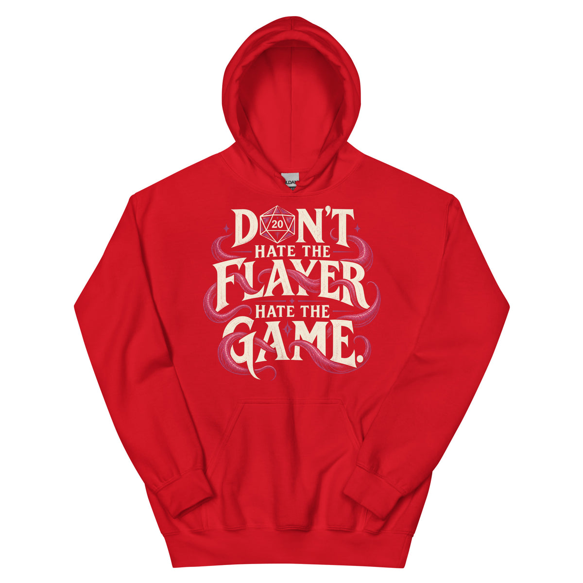 Red pullover hoodie, front view, featuring Don't Hate the Flayer, Hate the Game artwork with magenta tentacles and a D20.