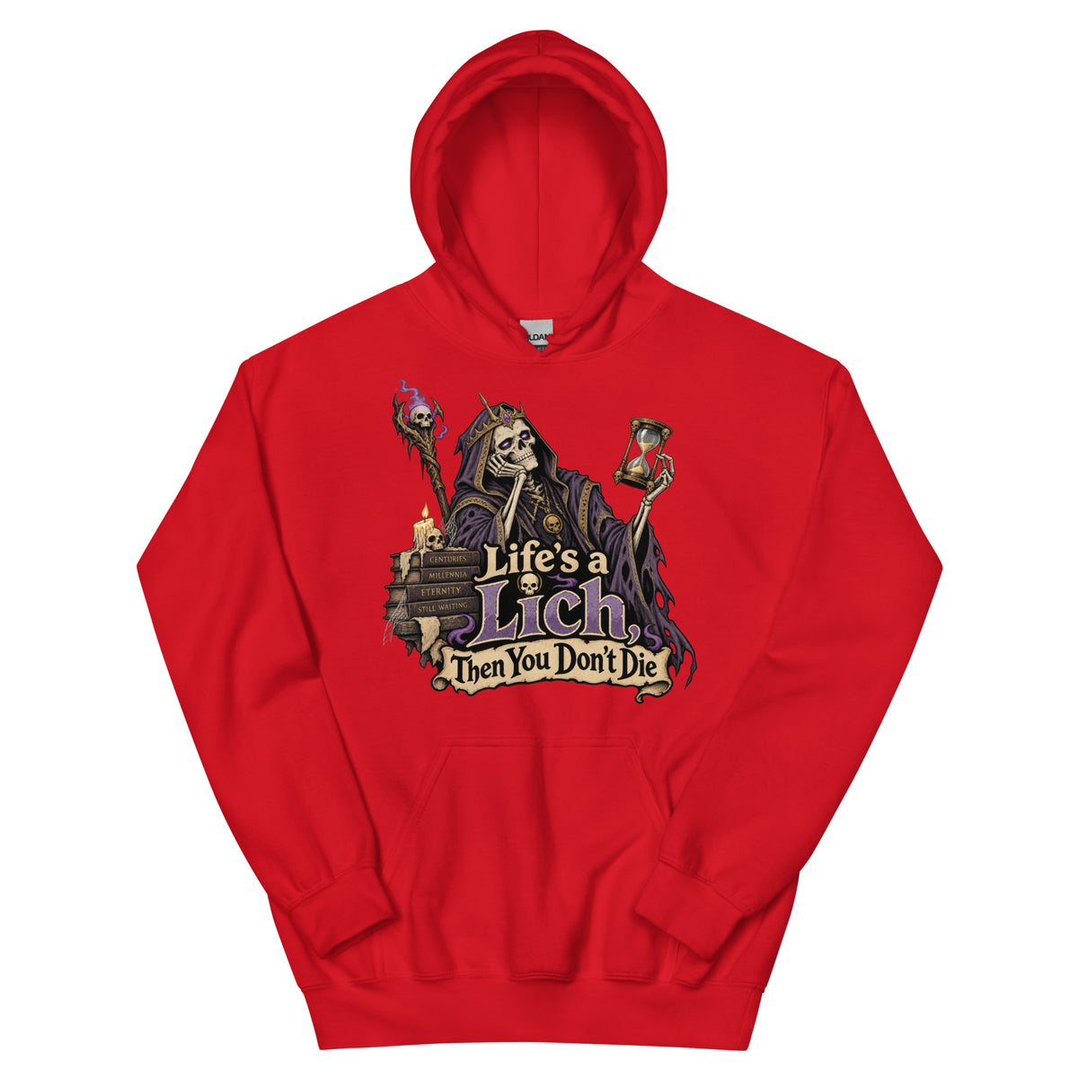Red pullover hoodie, front view, featuring the Life's a Lich, Then You Don't Die bored undead lich design.