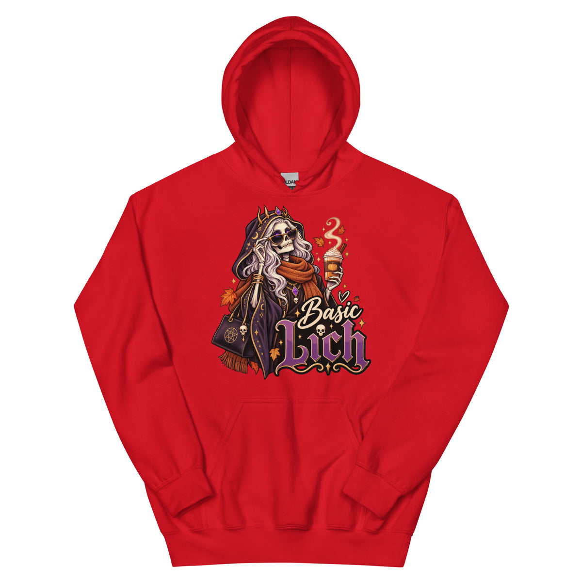 Red pullover hoodie, front view, featuring the Basic Lich pumpkin spice skeleton design