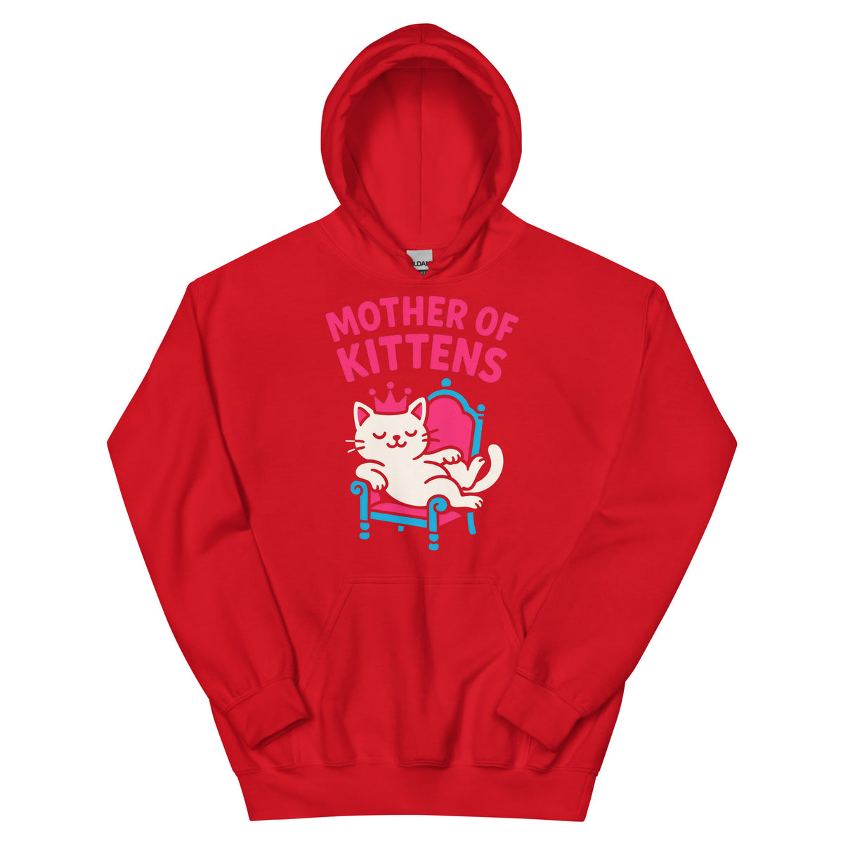 Red pullover hoodie, front view, featuring the Mother of Kittens Queen Cat design