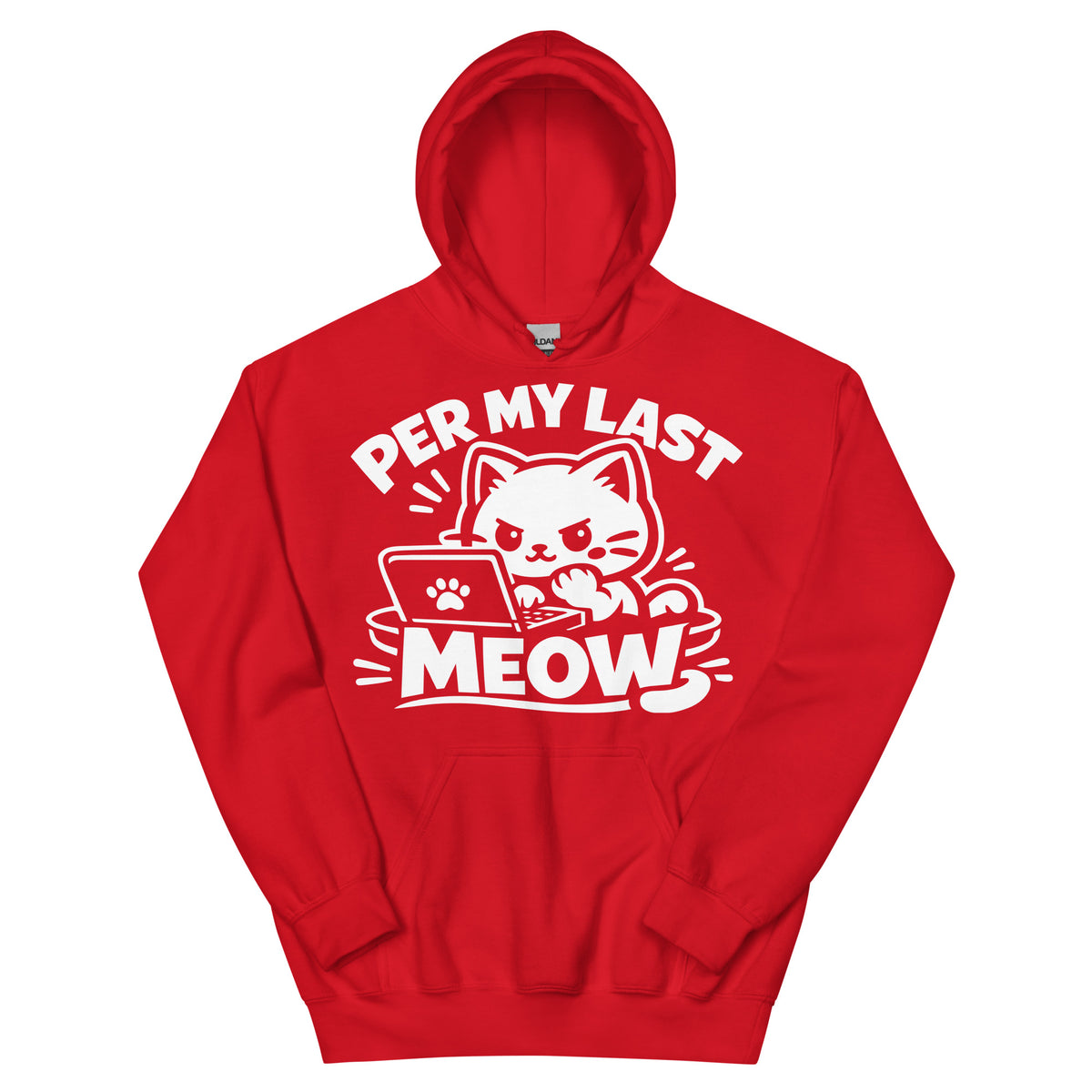 Red pullover hoodie, front view, featuring the Per My Last Meow cat design