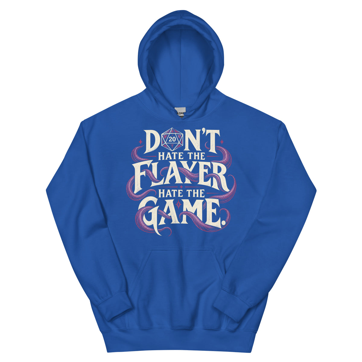 Royal pullover hoodie, front view, featuring Don't Hate the Flayer, Hate the Game artwork with magenta tentacles and a D20.