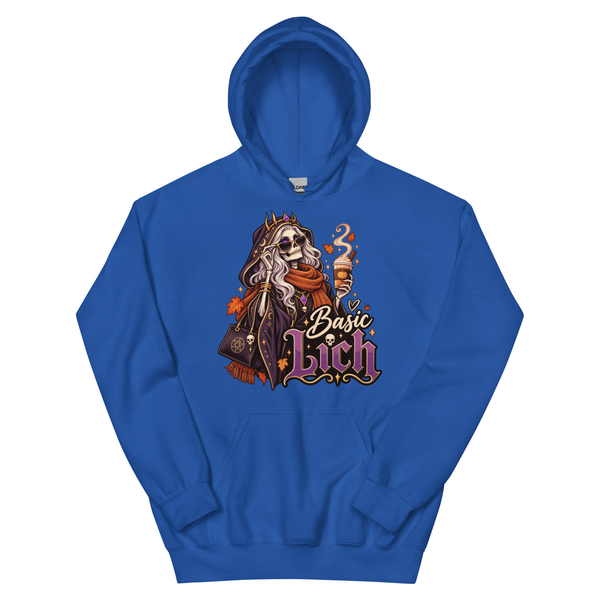 Royal pullover hoodie, front view, featuring the Basic Lich pumpkin spice skeleton design
