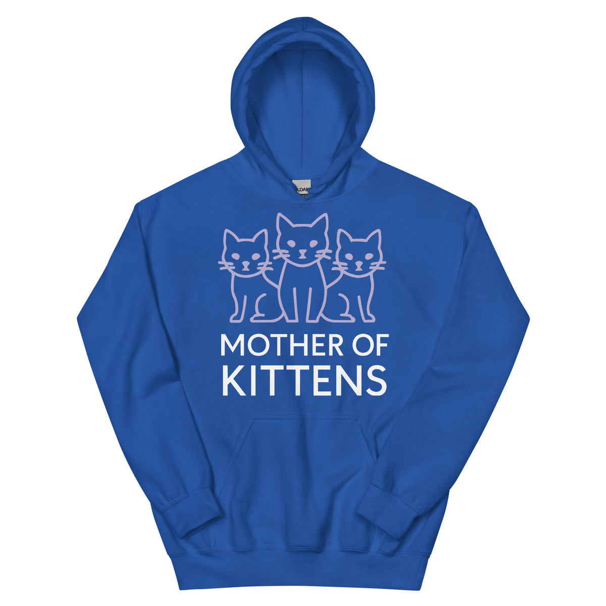 Royal pullover hoodie, front view, featuring the Mother of Kittens Three Cats design
