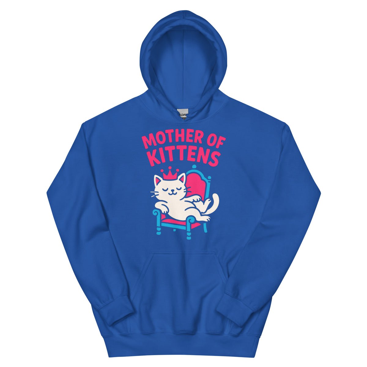 Royal pullover hoodie, front view, featuring the Mother of Kittens Queen Cat design