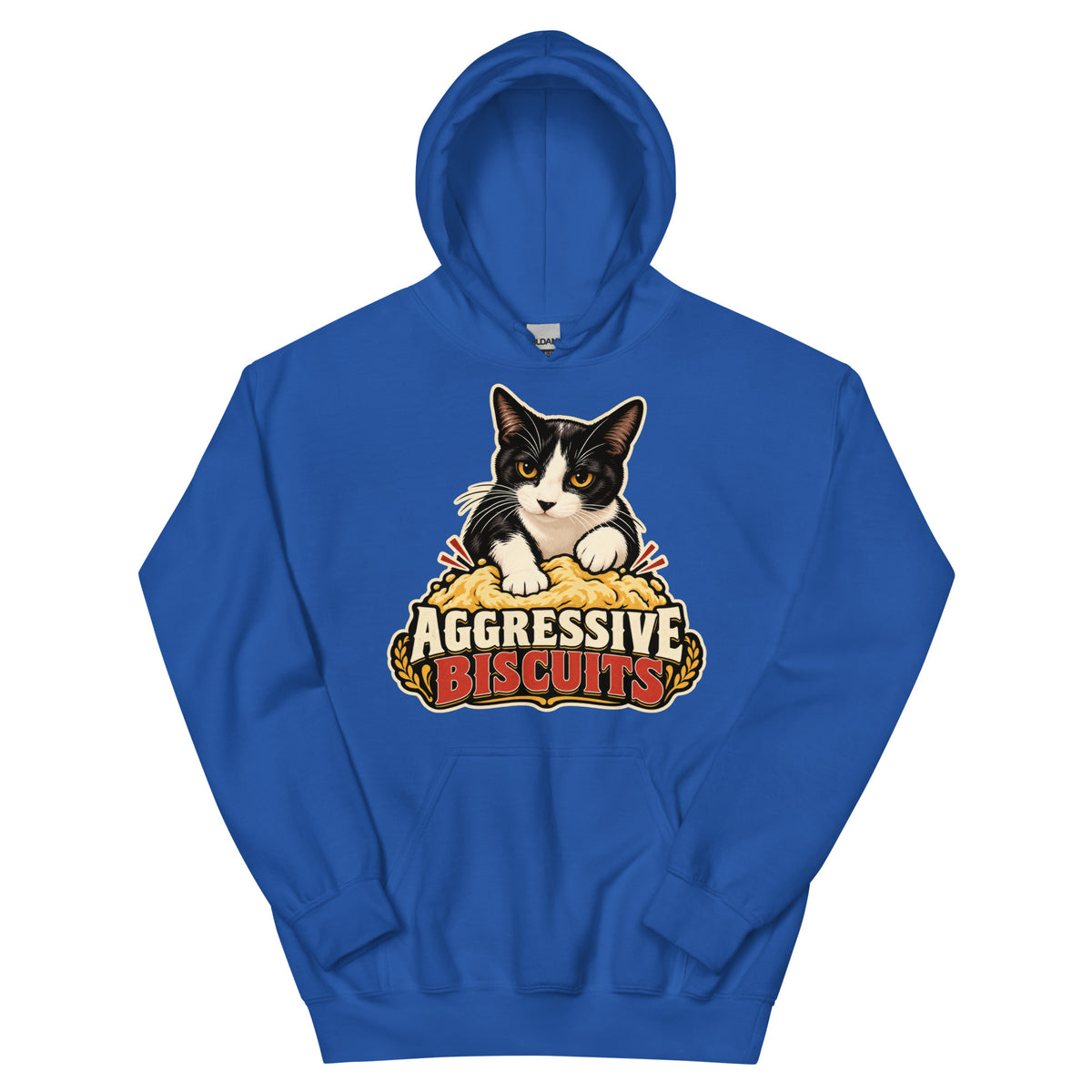 Royal pullover hoodie, front view, featuring the Aggressive Biscuits kneading tuxedo cat design
