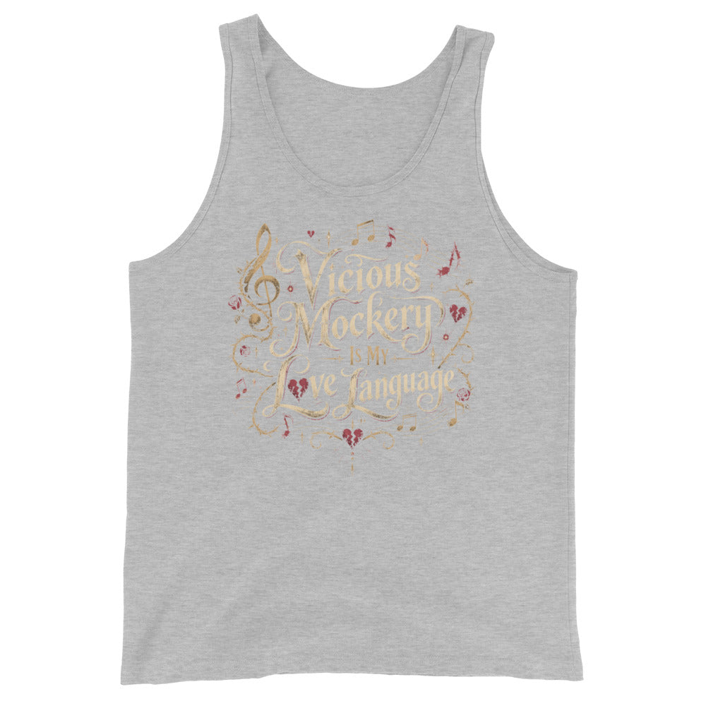 Athletic Heather tank top, front view, featuring Vicious Mockery Is My Love Language bard art with gold lettering, roses and hearts.