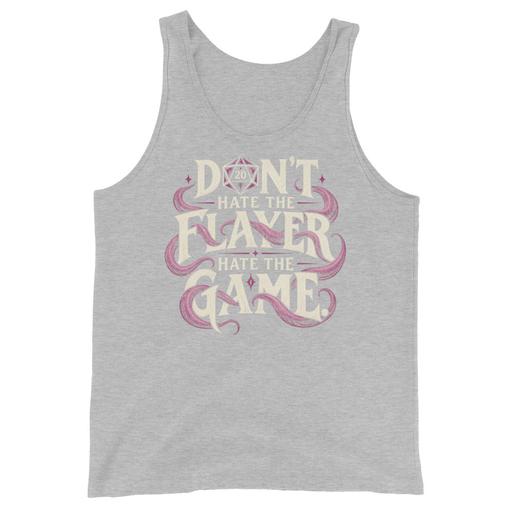 Athletic Heather tank top, front view, featuring Don't Hate the Flayer, Hate the Game artwork with magenta tentacles and a D20.