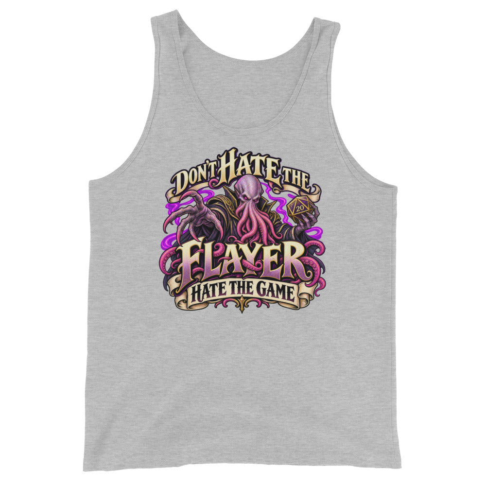 Athletic Heather tank top, front view, featuring the illustrated Don't Hate the Flayer, Hate the Game tentacled overlord and d20 design.